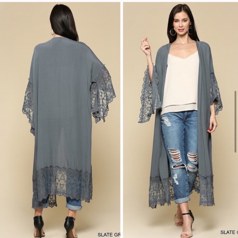 Last M New Cozy Boho Lace Trim Kimono Duster - Picture 9 of 12